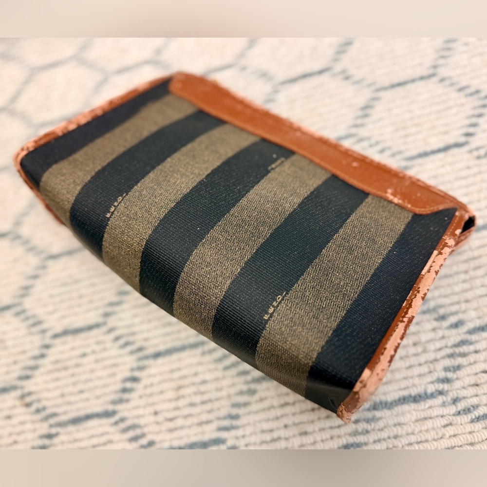 FENDI Vintage Classic Brown Canvas Leather Pequin Striped Logo Clutch Pouch - Picture 8 of 16